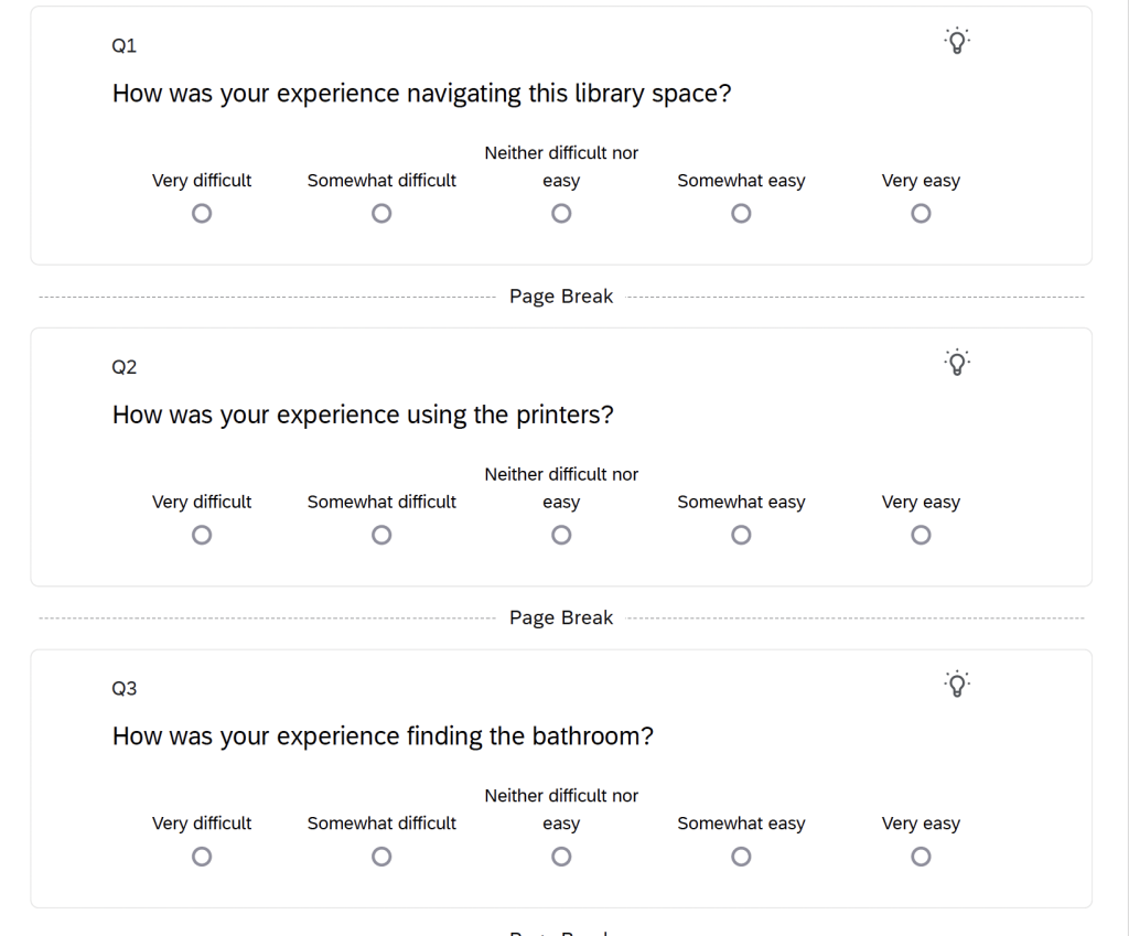 screenshot of rating scale questions on a 5-point scale from very difficult to very easy