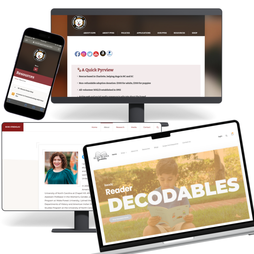 collage of desktop and mobile versions of websites created as a freelance web designer 