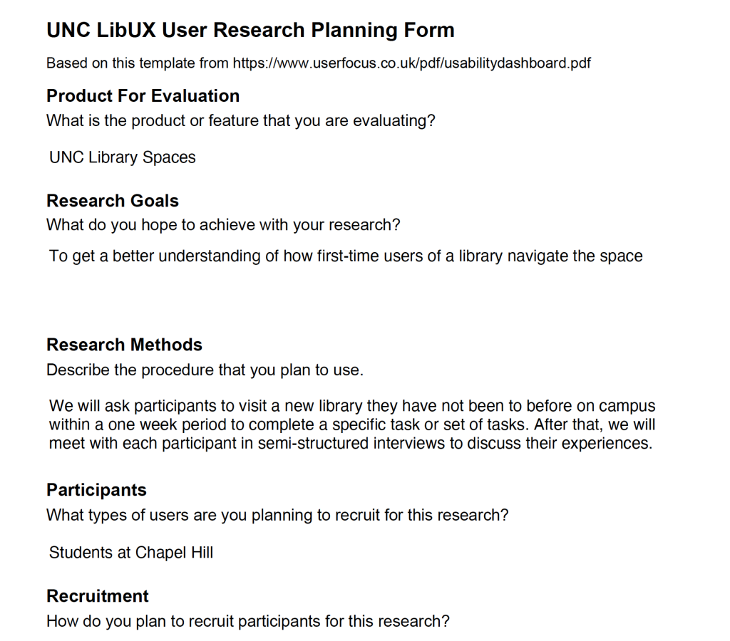 screenshot of UNC Library U.X. User Research Planning Form document with answers to questions about the goals and methods of the research