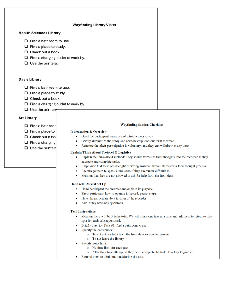 screenshots of two documents, one with a list of the 5 wayfinding tasks for each library location and the other a checklist script for participant session 