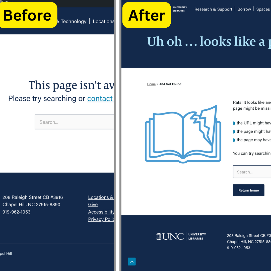 before and after of a 404 page